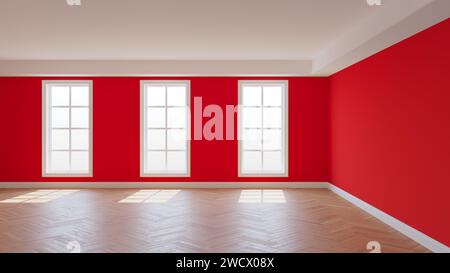 Red Interior with a White Ceiling and Cornice, Glossy Herringbone Parquet Floor, Three Large Windows and a White Plinth. Sunny Beautiful Room. 3D Rend Stock Photo