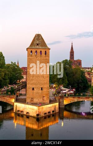 France, Bas Rhin, Strasbourg, old town listed as World Heritage by UNESCO, the Petite France District, the Covered Bridges over the River Ill and Notre Dame Cathedral Stock Photo