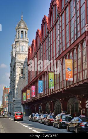 The train hall fassade, Antwerpen-Centraal railway station, upper level, Koningin Astridplein, Antwerp,  Flanders, Belgium, Europe Stock Photo
