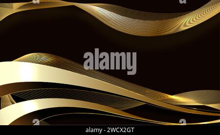 Abstract 3d black background with gold lines curved wavy sparkle with copy space for text. Luxury style template design. Vector illustration Stock Vector