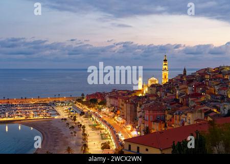 France, Alpes Maritimes, Cote d'Azur, Menton, the port and the old town dominated by the Saint Michel Archange basilica Stock Photo