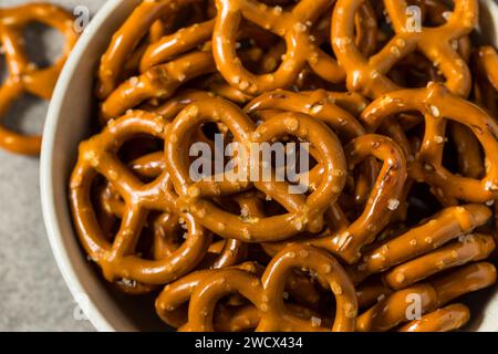 Organic Dry Mini Pretzel Crackers in a Bowl Stock Photo