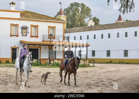 Spain, Andalusia, El Rocío, young couple on horseback with a dog at their side in a sandy street lined with hermandades, the houses of Catholic brotherhoods Stock Photo