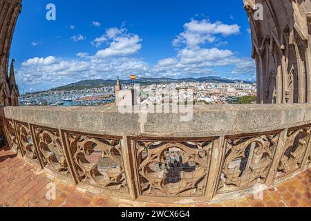 View from the terrace of the medieval Cathedral of Santa Maria of Palma of the roof of the Royal Palace of La Almudaina. Palma de Mallorca, Spain. Stock Photo