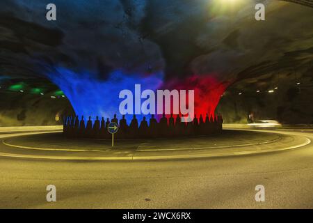 Denmark, Faroe Islands, Eysturoy island, Eysturoy tunnel, first underwater roundabout, the tunnel connects the islands of Eysturoy and Streymoy Stock Photo