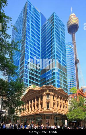 Australia, New South Wales, Sydney, Central Business District (CBD), building (late 19th century) of Pitt Street Mall with office buildings and the Sydney Tower in the background (1981) Stock Photo