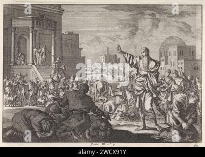 Jona predicts the downfall of Nineve, Jan Luyken, 1703 - 1762 print  Print Maker: Haarlem Publisher: Amsterdam paper etching / letterpress printing when Jonah arrives in the city of Nineveh he foretells its destruction in forty days Stock Photo