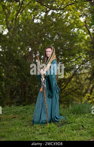 30th April 2023. Hedingham Castle, Suffolk, England.  Interpretation of Witch Queen Morgan le Fae in the King Arthur story.  Re-enactors gather for for a re-telling the story of King Arthur and Excalibur and celebration of all things Arthurian at Hedingham Castle. Stock Photo