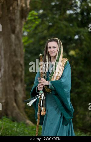 30th April 2023. Hedingham Castle, Suffolk, England.  Interpretation of Witch Queen Morgan le Fae in the King Arthur story.  Re-enactors gather for for a re-telling the story of King Arthur and Excalibur and celebration of all things Arthurian at Hedingham Castle. Stock Photo