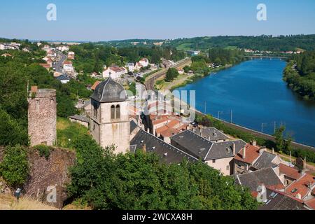 France, Moselle, Land of three borders, Sierck les Bains, the center of the village, the church and the Moselle river from the Dukes of Lorraine Castle Stock Photo