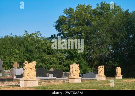 France, Moselle, Boust, At the foot of the Tower of the old church of Usselskirch, eight stations (out of the original fourteen) from the 17th century Stations of the Cross can be observed Stock Photo