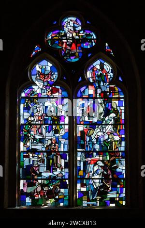 France, Meurthe et Moselle, Amance, Saint Jean Baptiste (saint John the Baptist) church built during the 16th century in gothic style, stained glass window made in 1949 in Jacques Gruber workshop by his son Jean Jacques Gruber master glassmaker which represents the Passion of the Christ Stock Photo