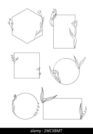 Set of elegant templates with hand drawn botanical elements. Different geometric shaped frames with flowers. Vector illustration Stock Vector