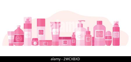 Big set of cosmetic products for beauty and skin care. Bottles and tubes decorated with pink flower outline logo. Vector illustration Stock Vector