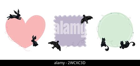 Set of templates decorated with animal silhouettes drawn in boho style. Heart, square and circle shaped templates with blank space. Black rabbits, cat Stock Vector