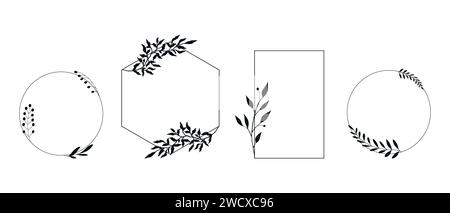 Set of elegant templates with hand drawn botanical elements. Different geometric shaped frames with plants. Vector illustration Stock Vector