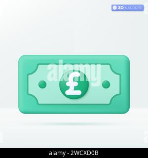 3d pound sterling bill icon symbol. green paper bill, Cash, interest rate, business and finance, investment, financial, payment concept. 3D vector iso Stock Vector