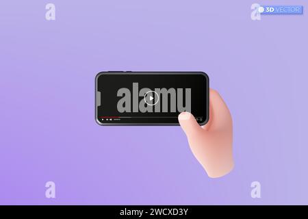 3d hand holding mobile phone video media control button interface symbol. Online playing for make money, Live streaming and vlog concept. 3D vector is Stock Vector