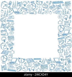 Hand drawn Back to School stationary frame or border. Set of school and education related items Stock Vector