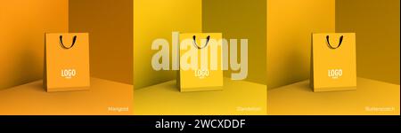 Shopping paper bag. Mockup set of realistic shopping bag for branding and corporate identity design. Paper packaging template. For promotion, discount Stock Vector