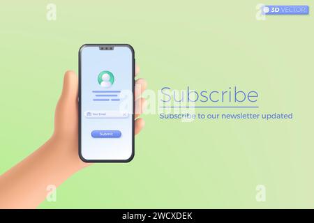 3d hand holding mobile phone subscribe for newsletter promotion icon symbol. Invitation to join customer, Social media marketing concept. 3D vector is Stock Vector