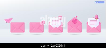 3d Pink mail envelope icon set symbol. Render email notification, play icon, heart valentine, bell, paper plane. communication concept. 3D vector isol Stock Vector