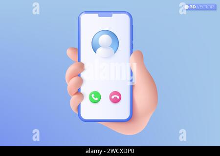 3d Realistic hand and mobile phone icon symbol. hand holding smart phone on pastel background, call or answer, Modern mockup concept. 3D vector isolat Stock Vector