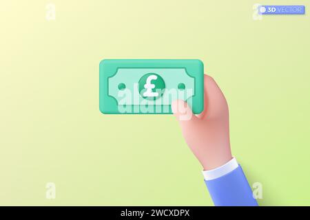 3d pound sterling bill icon symbol. green paper bill, Cash, interest rate, business and finance, investment, financial, payment concept. 3D vector iso Stock Vector
