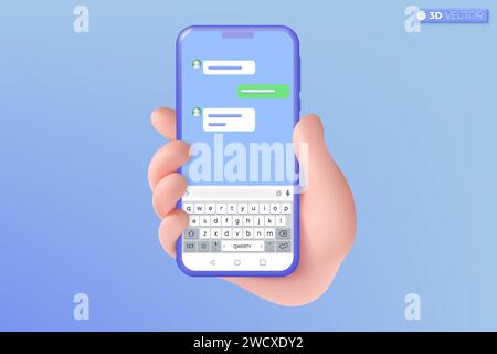 3d hand holding mobile phone chat application icon symbol. Chatting message, QWERTY, Speech bubble, Instant messenger template concept. 3D vector isol Stock Vector