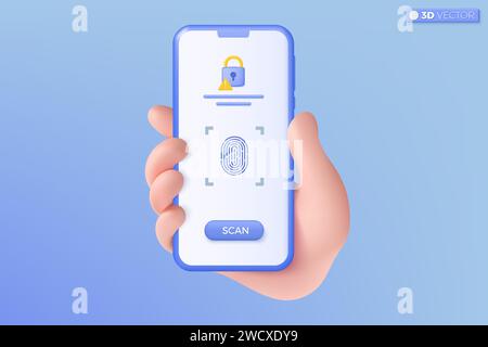 3d hand holding mobile phone scan fingerprint cyber secure icon symbol. recognition identity, biometric authorization security concept. 3D vector isol Stock Vector
