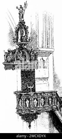 Pulpit of tSt. Mary´s Church in Haderleben, Prussian end of 19th century, today Danish, Schleswig-Holstein,Germany, historical illustration 1898 Stock Photo