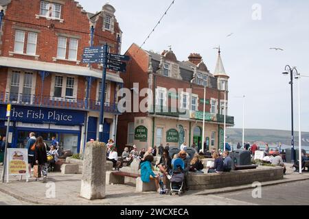 A fish and chips take away on the seafront in Swanage, Dorset in the UK Stock Photo