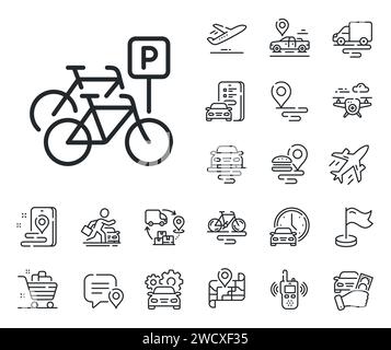 Bicycle parking line icon. City bike transport sign. Plane, supply chain and place location. Vector Stock Vector