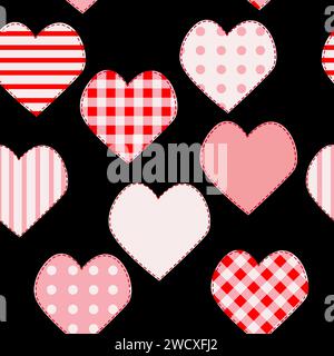 Love seamless pattern with pink patchwork hearts on black background Stock Vector