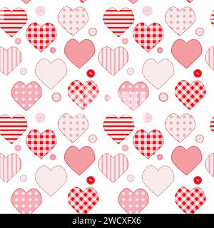 Cute seamless love pattern with pink patchwork hearts and buttons Stock Vector