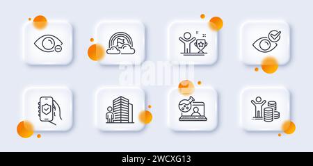 Check eye, Myopia and Agent line icons pack. For web app. 3d glass buttons. Vector Stock Vector