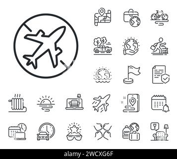 Airplane mode line icon. Cancel flight sign. Plane jet, travel map and baggage claim. Vector Stock Vector