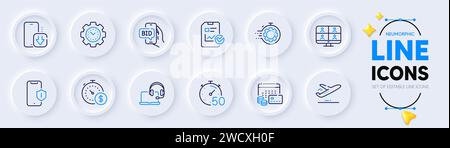 Time management, Phone download and Plane line icons for web app. Pictogram icon. Vector Stock Vector