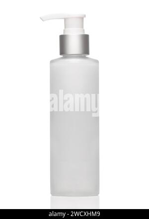 Blank gray bottle for cosmetics with dispenser isolated on white. Stock Photo