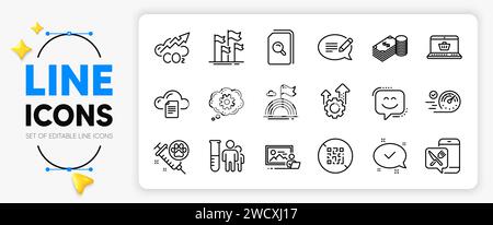Seo gear, Flags and Speedometer line icons. For web app. Vector Stock Vector