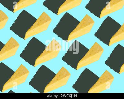 Cheese triangles pattern on a light blue background Stock Photo