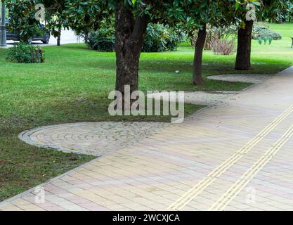 "Pockets" of tiles on the lawn along the edge of the sidewalk Stock Photo