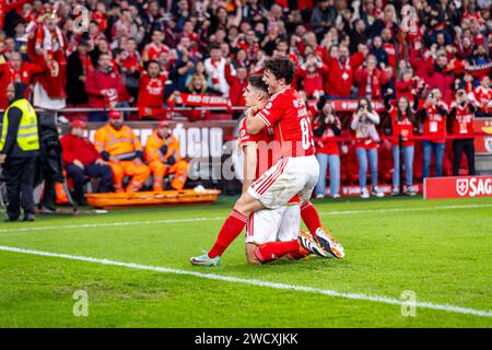 António Silva (L) and João Neves (R) of SL Benfica seen in action during the Liga Portugal 2023/24 match between Benfica and Rio Ave at Estádio do Sport Lisboa e Benfica. Final score; Benfica 4 - 1 Rio Ave. Stock Photo