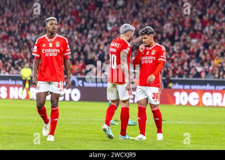 Florentino Luís (L), Nicolas Otamendi (C) and Marcos Leonardo (R) of SL Benfica seen in action during the Liga Portugal 2023/24 match between Benfica and Rio Ave at Estádio do Sport Lisboa e Benfica. Final score; Benfica 4 - 1 Rio Ave. Stock Photo