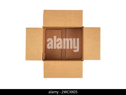 Top view of open empty cardboard box for delivery. Isolated on white background. Flat lay. View from above. Stock Photo