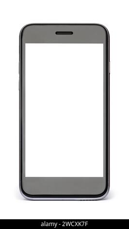 Black phone with white blank screen isolated on white background. Stock Photo