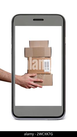Black mobile phone with hands holding delivery boxes. Isolated on white background. Online shopping concept. Stock Photo