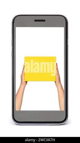 Black phone with a white screen and hands holding a yellow box. Online Shopping Concept. Isolated on white. Stock Photo