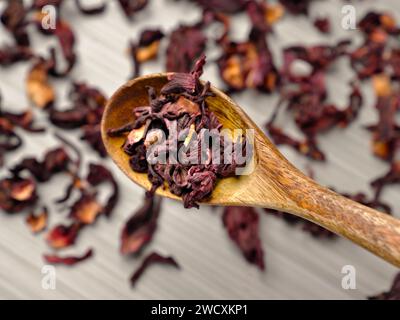 A close up photo of dried hibiscus tea leaves  on a wooden spoon. Stock Photo