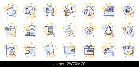 Outline set of Fluorine mineral, Coffee maker and Food delivery line icons for web app. Pictogram icon. Vector Stock Vector